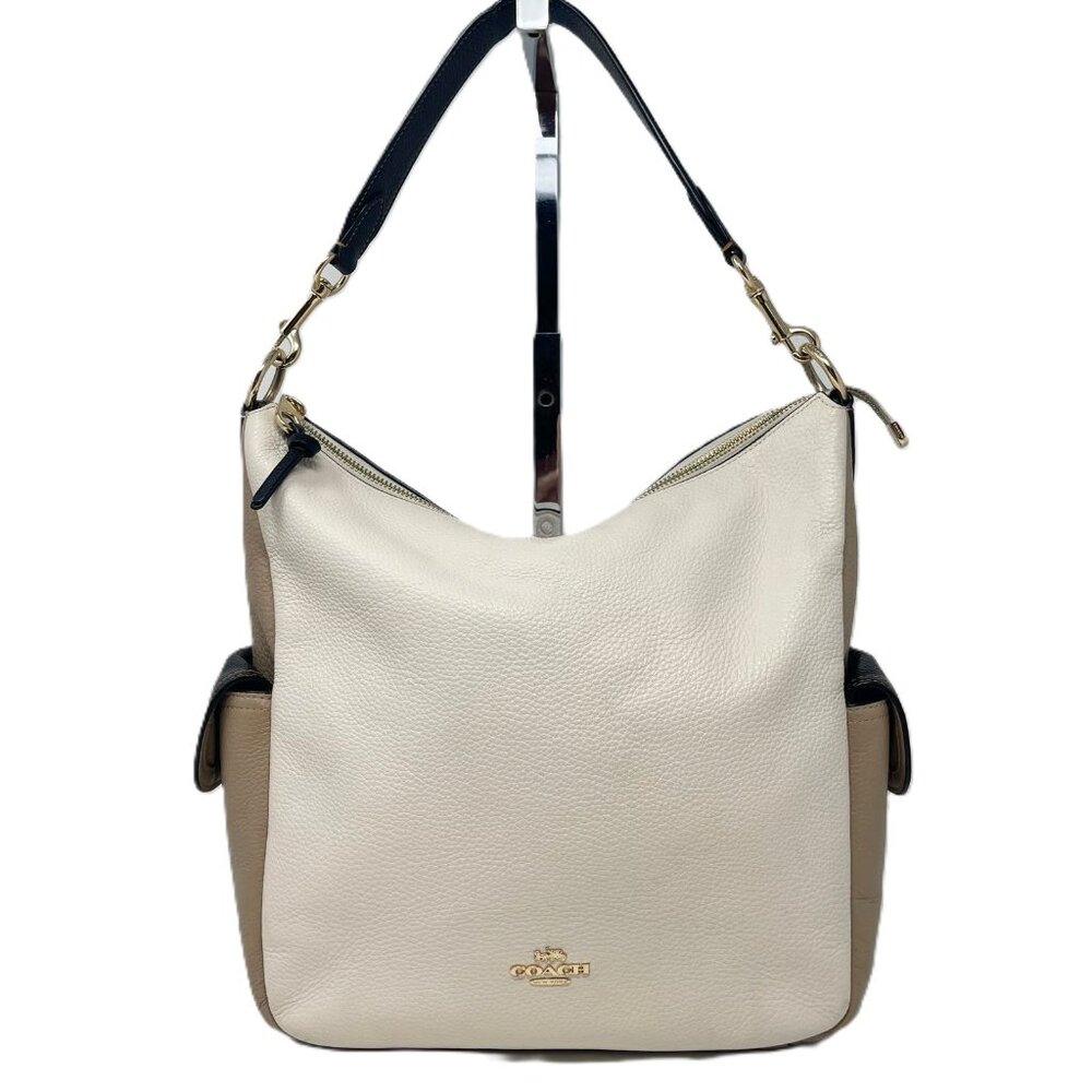 Coach Cream and Tan Leather Shoulder Bag with Black Strap